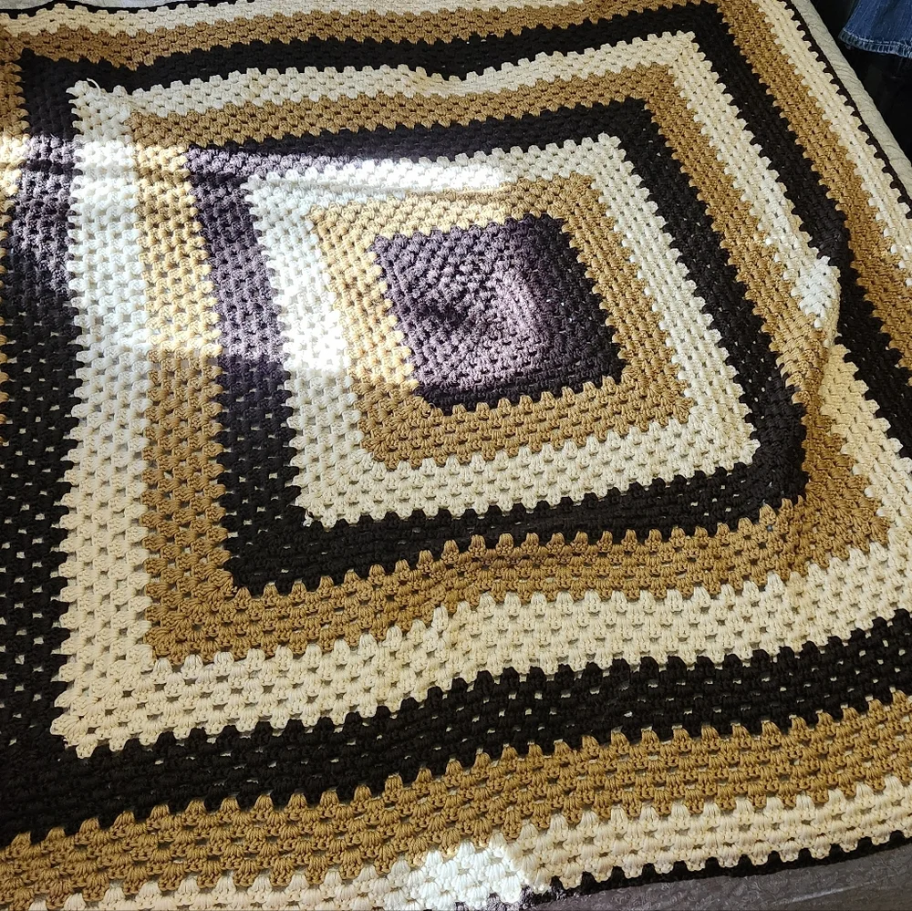 Handmade Vintage Crochet Blanket in Brown and Cream Uneque 57x54
